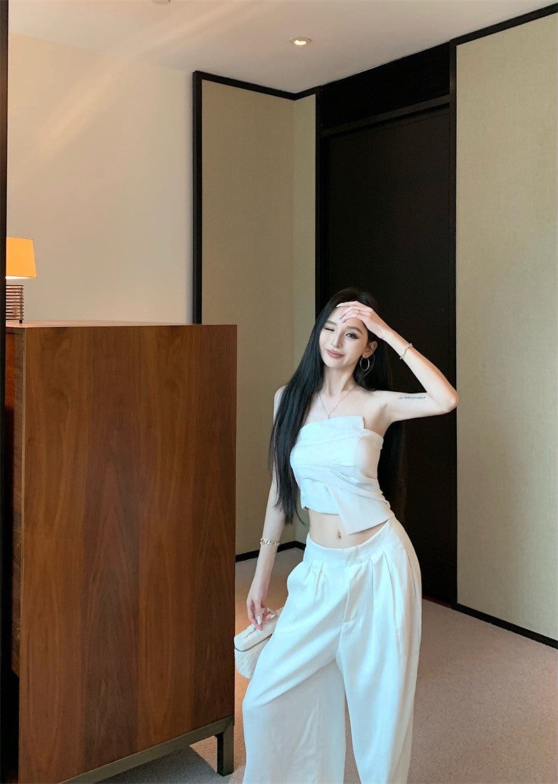 Jun. Origin 自然老錢 不規則抹胸高腰闊腿褲套裝 杏