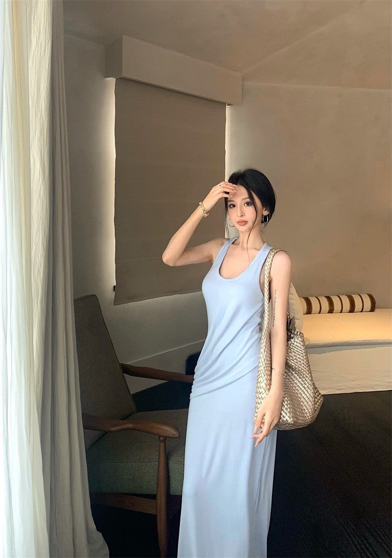 May. 法式優雅不費力 時髦側抓皺連身裙 淺藍