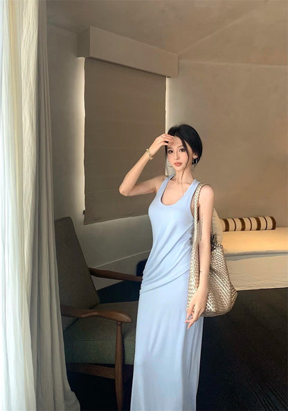 May. 法式優雅不費力 時髦側抓皺連身裙 淺藍