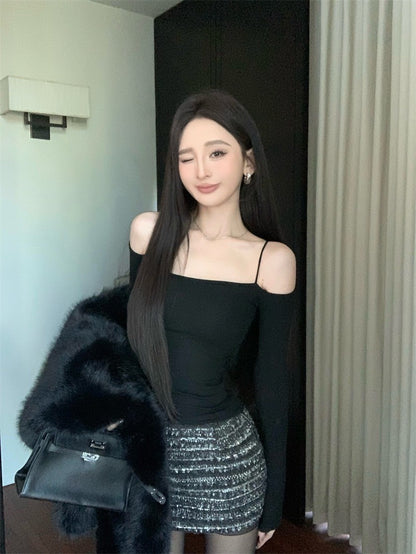 Jan. 歐美女無法抗拒 溫柔露肩彈力上衣 白/黑