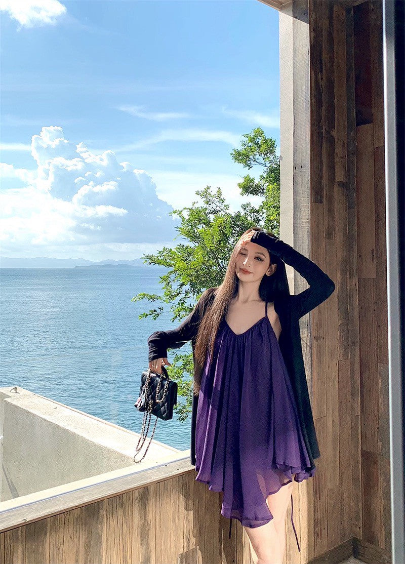 25Aug. 法式飄逸壓折感垂垂上衣裙 紫色