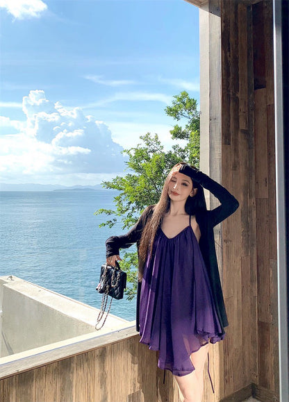 25Aug. 法式飄逸壓折感垂垂上衣裙 紫色