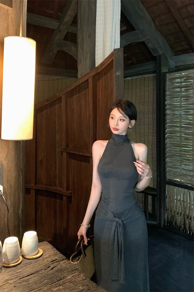 Apr. 清冷高雅簡約純色削肩背心 綁帶半身裙套裝 灰