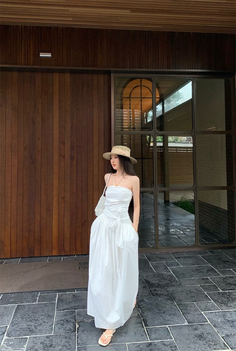 25Sep. 知性哲學抹胸襯衫料繫帶連身裙 白