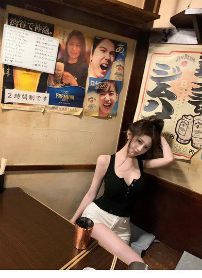 26Jun. 美式亨利 辣妹鈕扣U領背心 桃粉/黑