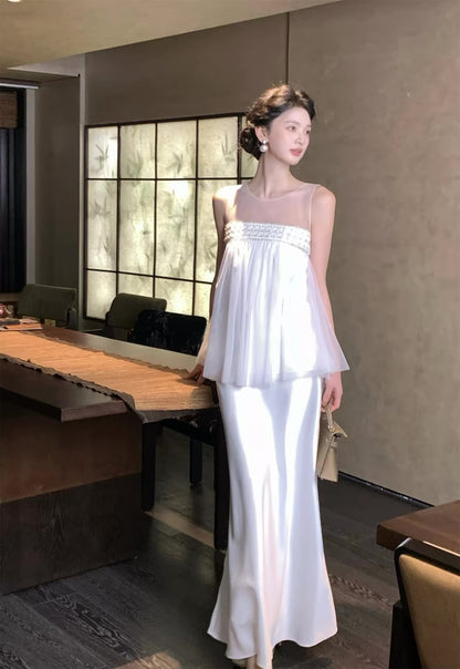 26Jul. 冰澗 柔霧感手工白紗繡珠連身裙/套裝 白