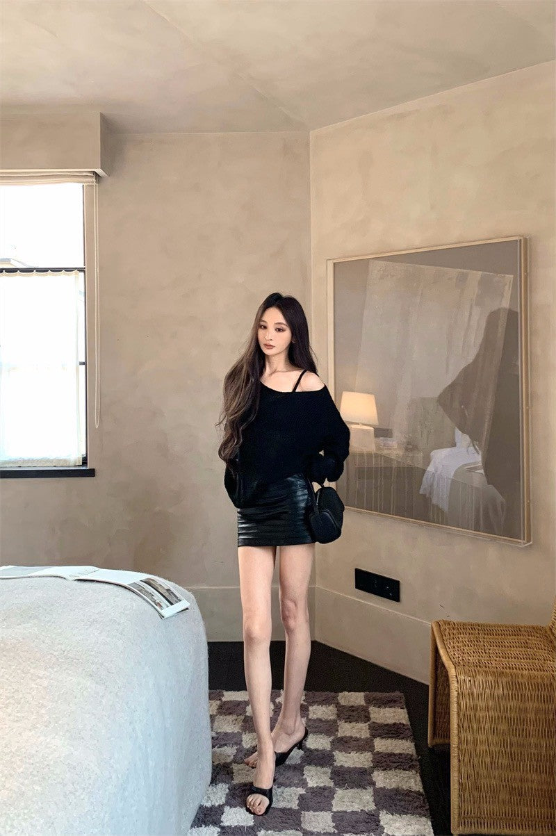 26Jun. 霧感美女慵懶透視針織上衣/風琴辣妹皮短裙 黑色系