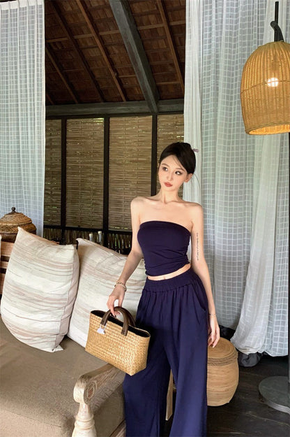 May. 度假出遊 辣妹顯瘦純色抹胸休閒褲套裝 藍/杏