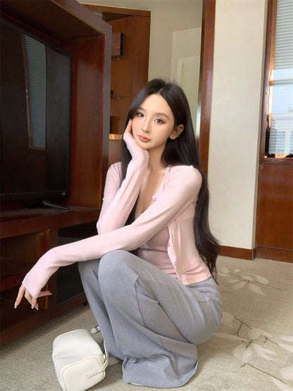 25Nov. 運動休閒搭一套上衣2件組 粉 顯瘦抽繩休閒褲 淺灰