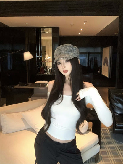 25Nov. 魅惑肩線一字領彈力長袖上衣 粉/白