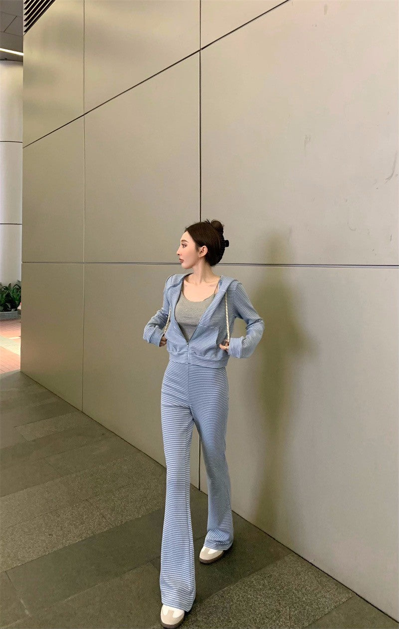 May. 韓女休閒 通勤橫條紋連帽外套 長短款休閒褲 藍