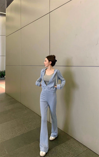 May. 韓女休閒 通勤橫條紋連帽外套 長短款休閒褲 藍