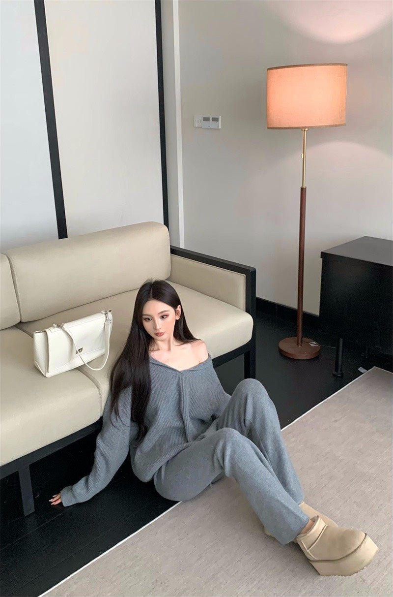 25Nov. 慵懶配套V小翻領針織休閒褲套裝 灰