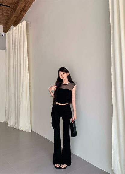 25Aug. 古典視覺網紗拼接上衣綁帶休閒褲套裝 黑色