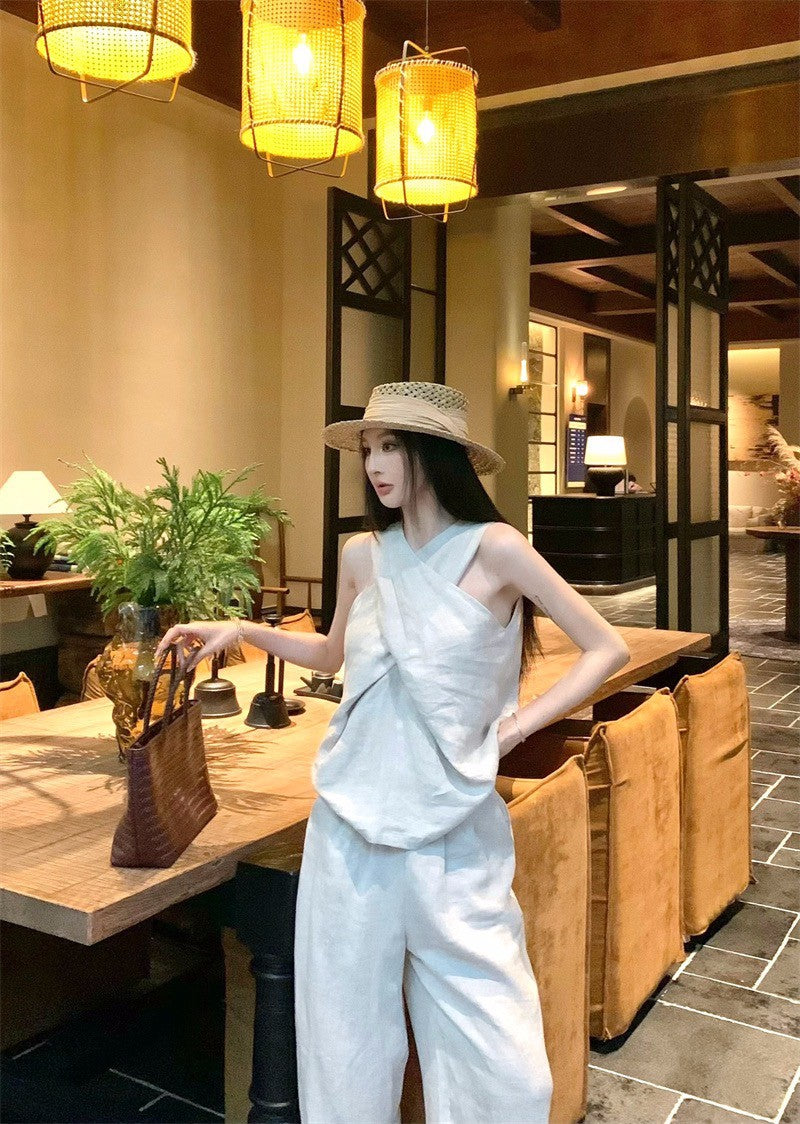 25Aug. 老錢鬆弛不費力交叉設計背心闊腿褲套裝 亞麻色