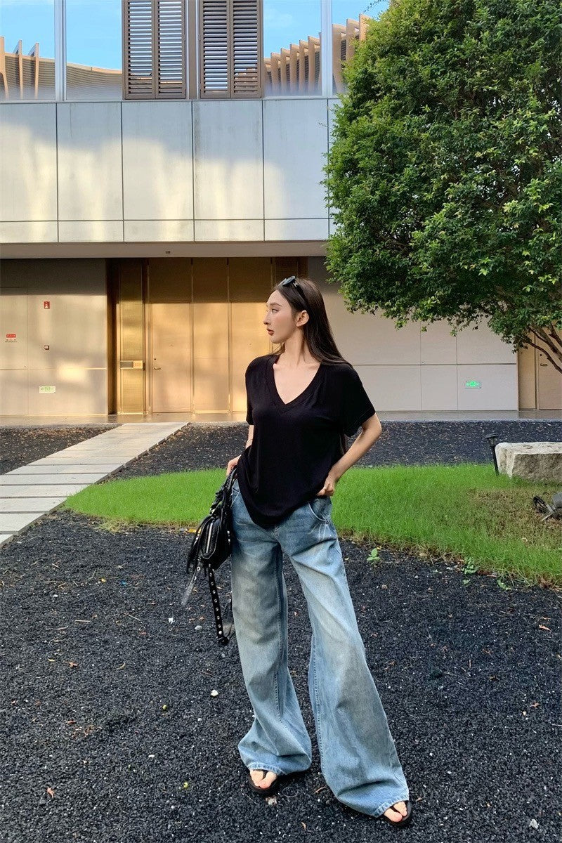 Mar. 基礎V領素顏T 寬鬆休閒短袖上衣 黑/白