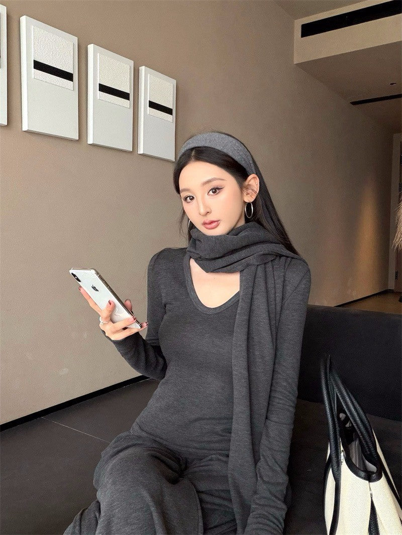 25Dec. 舒適至上多用式披肩U領長袖打底休閒褲三件套 灰