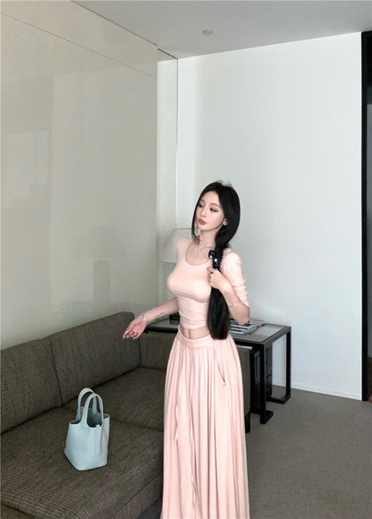 Jun. 溫柔小姊姊U領顯瘦鬆緊垂墜休閒褲套裝 肉粉色