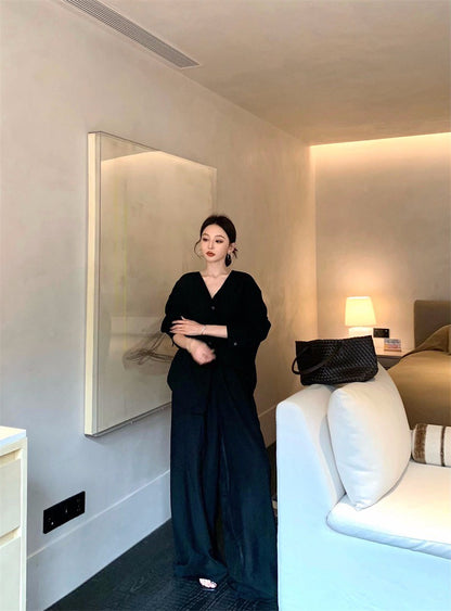 25Jul. 日常通勤穿 夏日簡約襯衫闊腿褲套裝 杏/黑