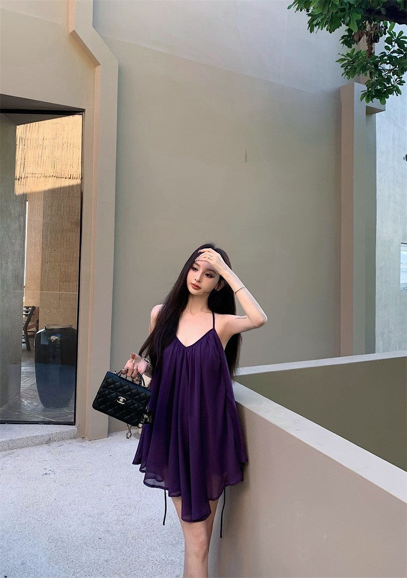 25Aug. 法式飄逸壓折感垂垂上衣裙 紫色