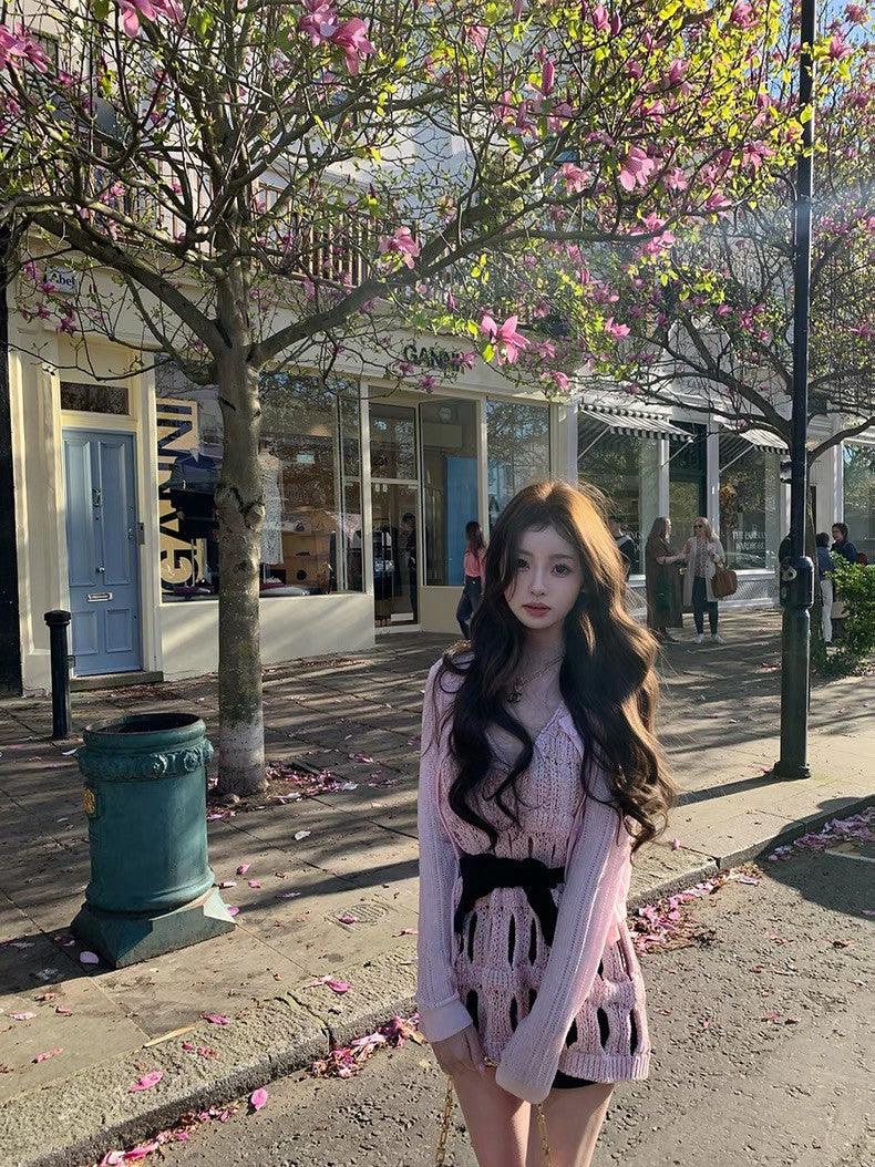 Jun. 重工25香奶奶粗針縷空背心針織上衣 粉