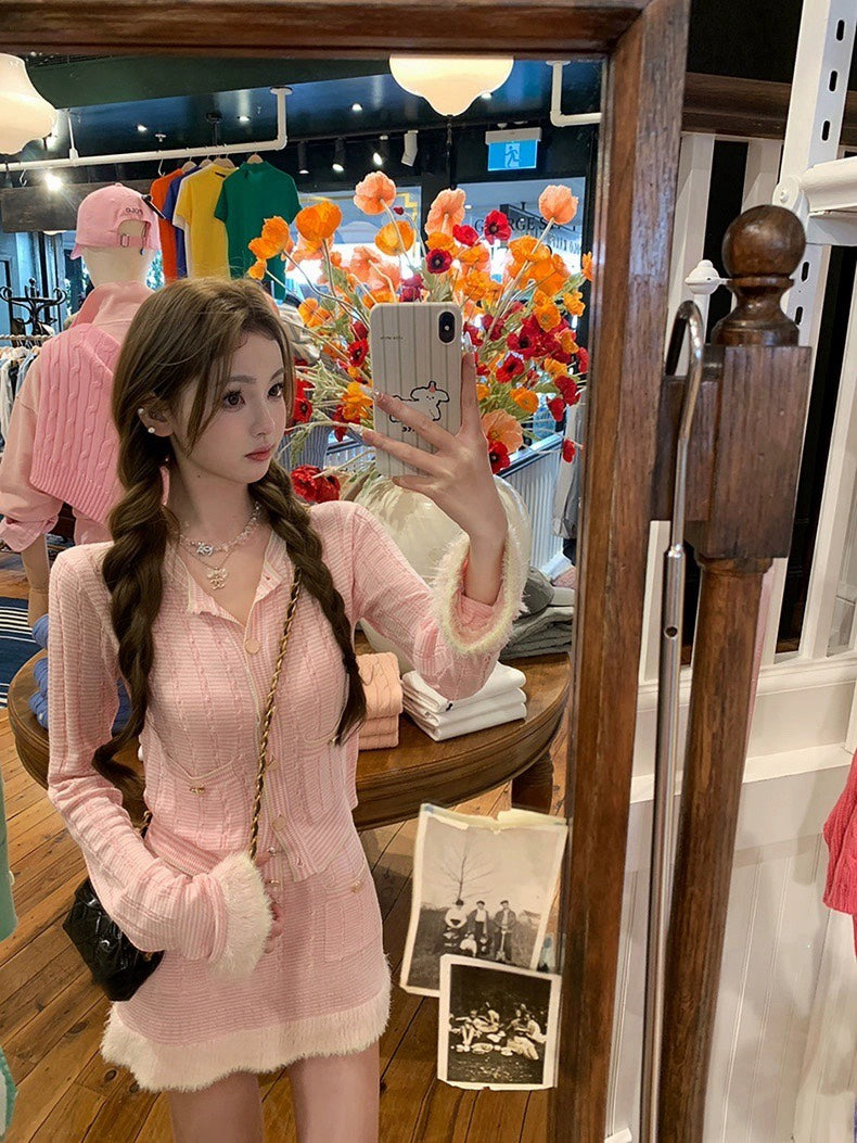 25Nov. 25B粉藍花楹 氣質織紗袖針織半身裙套裝 粉