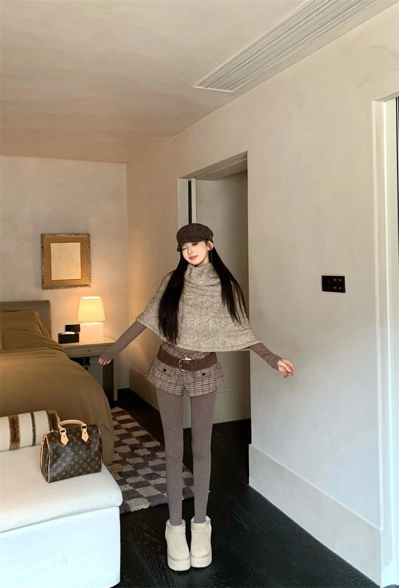 25Dec. 斗篷均碼多用法式花紗針織/英格蘭復古格紋短褲 卡其色系