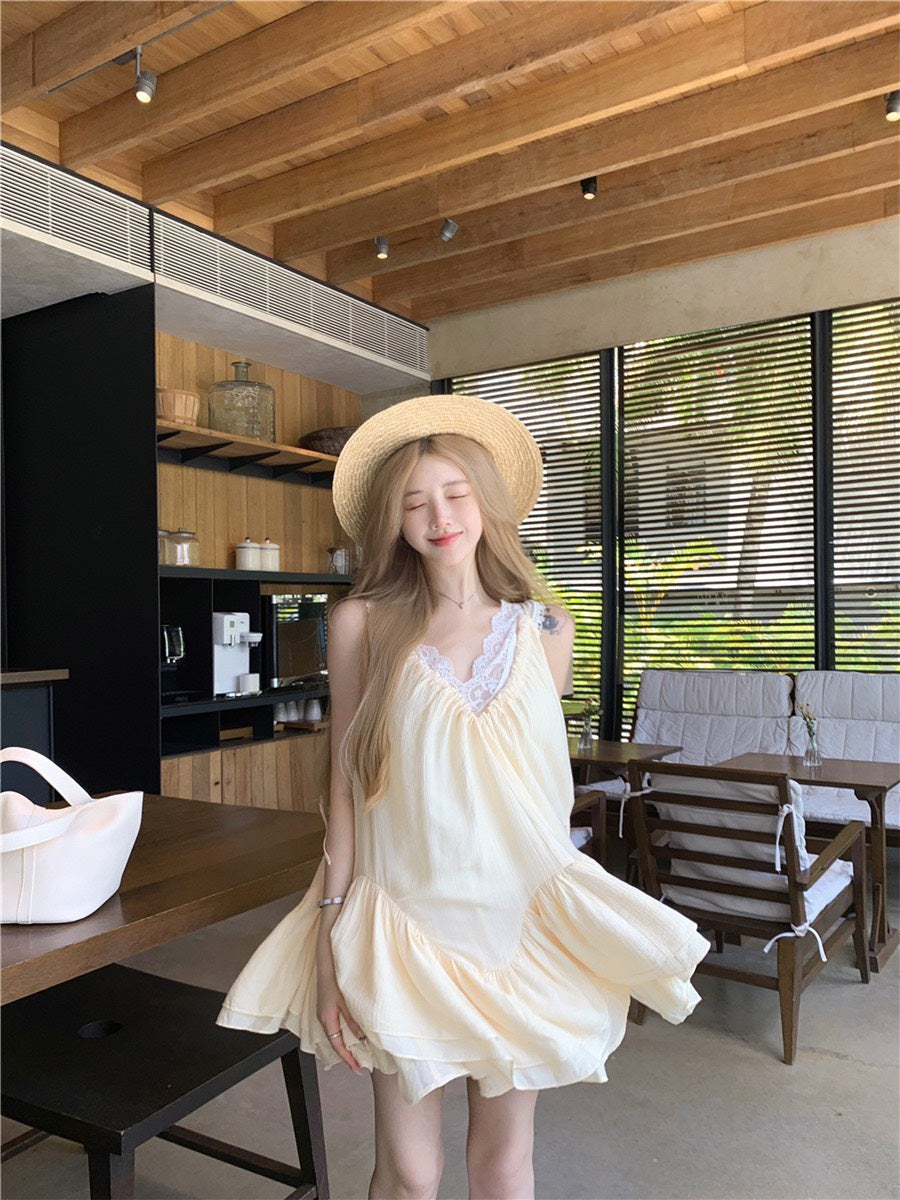 Jun. 花語呢喃 露思款甜美V領洋裝 奶黃  （蕾絲背心單獨選購）