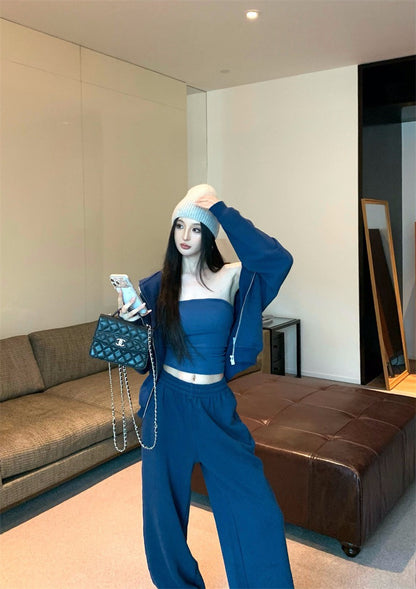 25Nov. 美式隨性純色連帽衛衣休閒褲套裝 布魯藍