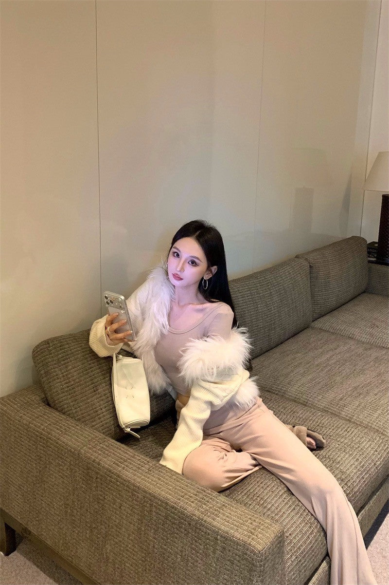 25Dec. 慕斯奶皮糯感毛毛外套 懶人休閒褲套裝 杏色系