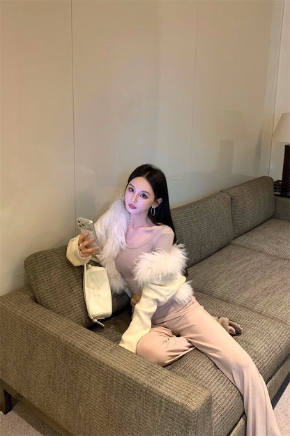 25Dec. 慕斯奶皮糯感毛毛外套 懶人休閒褲套裝 杏色系