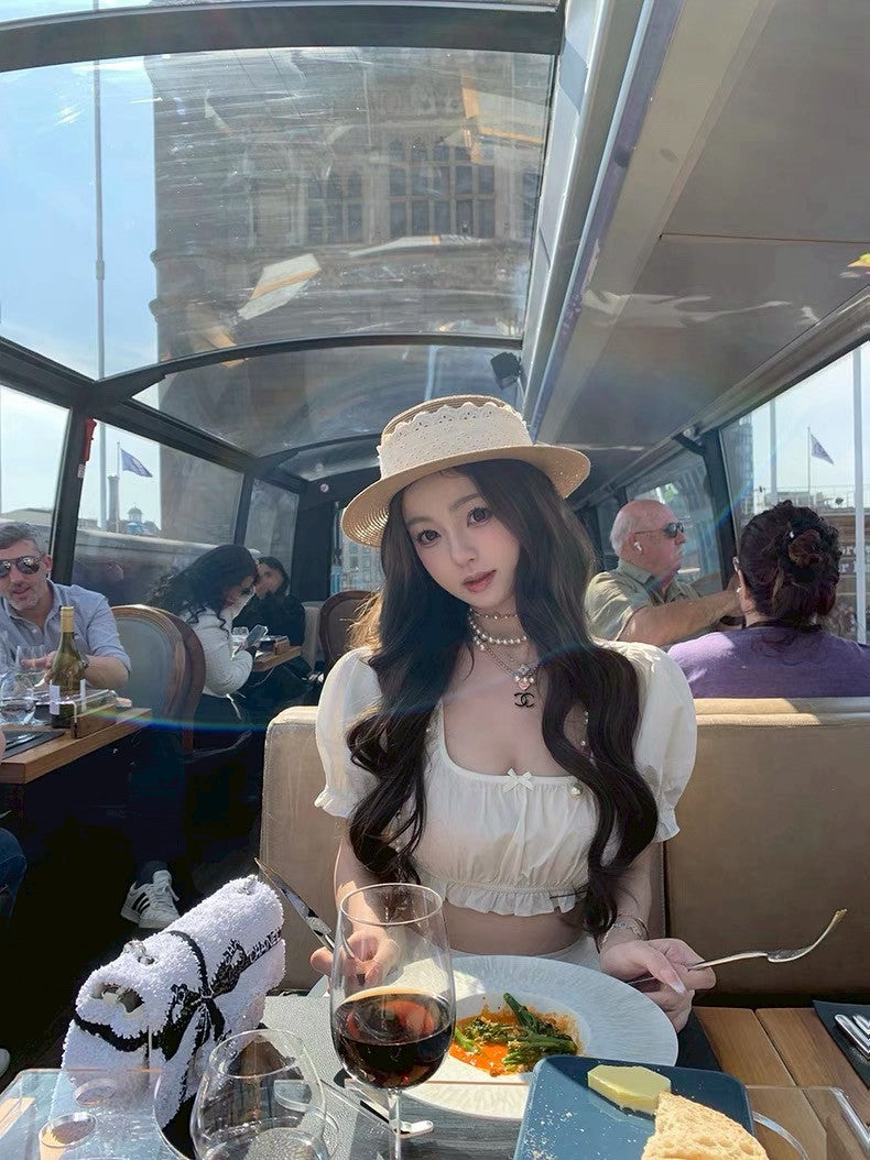 Jun. 夏日綿綿冰 浪漫甜美U領泡泡上衣半裙套裝 白