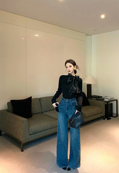 Feb. 內搭高手 綁帶蝴蝶領純色長袖上衣 黑