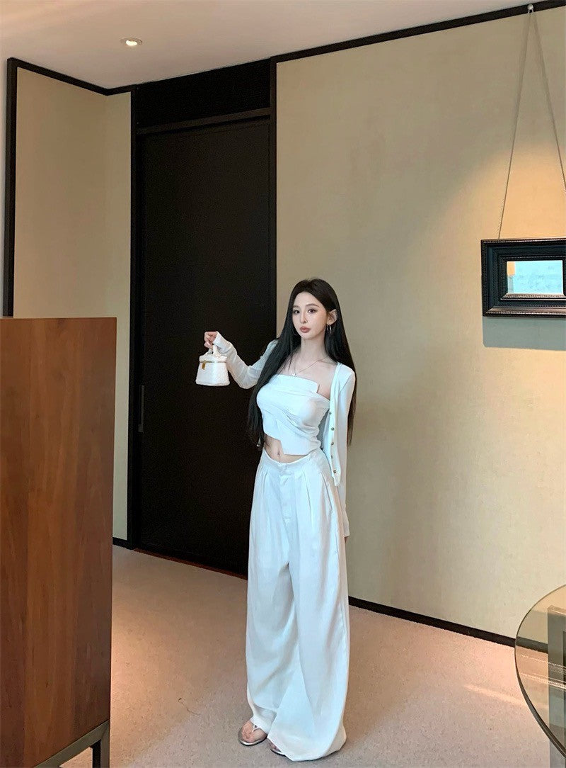 Jun. Origin 自然老錢 不規則抹胸高腰闊腿褲套裝 杏