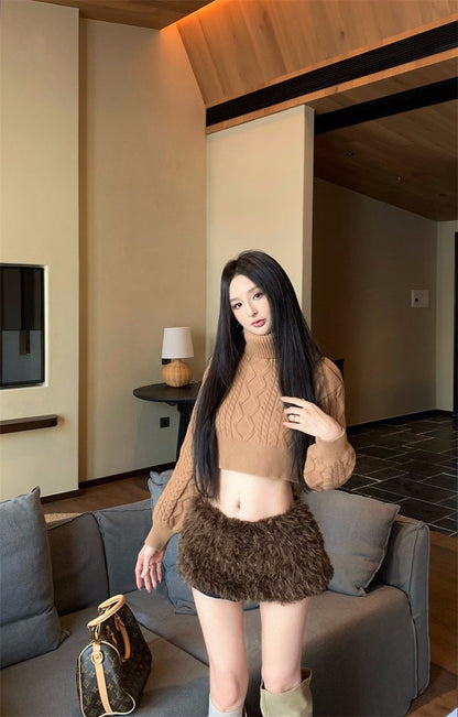 26Jan.精緻姐姐兩穿高彈麻花針織上衣 辣妹毛毛褲裙 咖