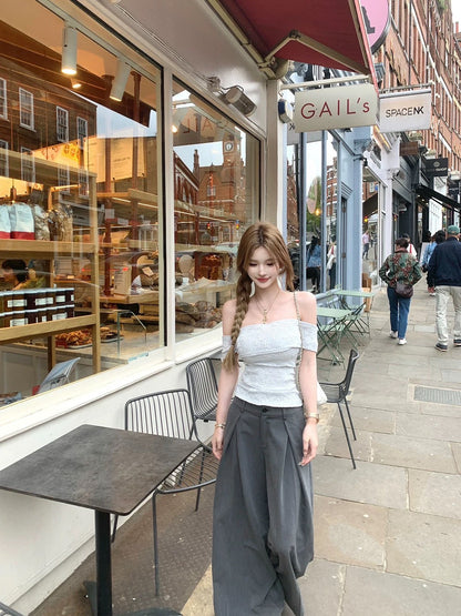 Jun. 輕氧布蕾 氣質一字領蕾絲飄帶上衣 米白