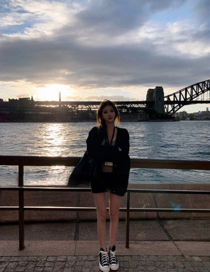 Mar. 日落海港 率性十字logo印花針織外套 紅/黑