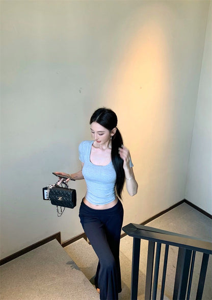 Jun. 萬能基礎公式 美式緊身短袖上衣 灰/黑