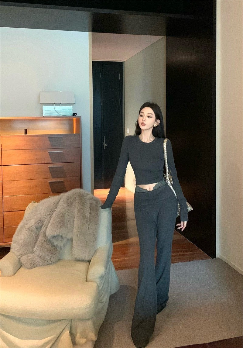 Mar. 簡約高級感 圓領修身高腰休閒褲套裝 灰