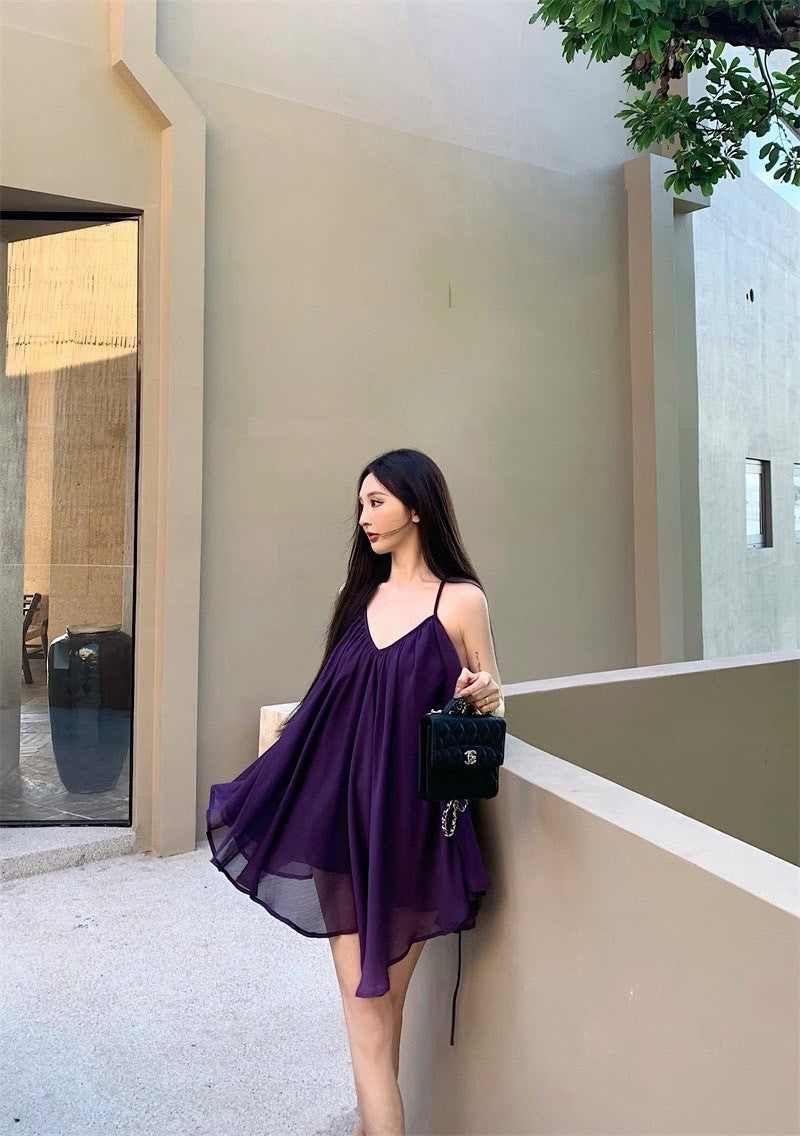 25Aug. 法式飄逸壓折感垂垂上衣裙 紫色