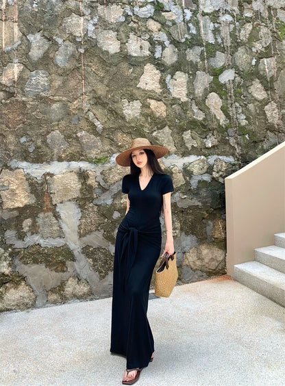 25Aug. 一件式穿不膩繫帶V領短袖連身長裙 灰/黑