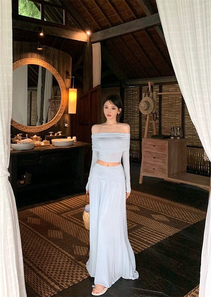 Apr. 法式浪漫 氣質一字翻領高腰抓皺半身裙套裝 淺藍