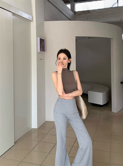 May. 雜誌編輯 美式慵懶背心開衫2件套 卡其 高腰顯瘦休閒褲 灰