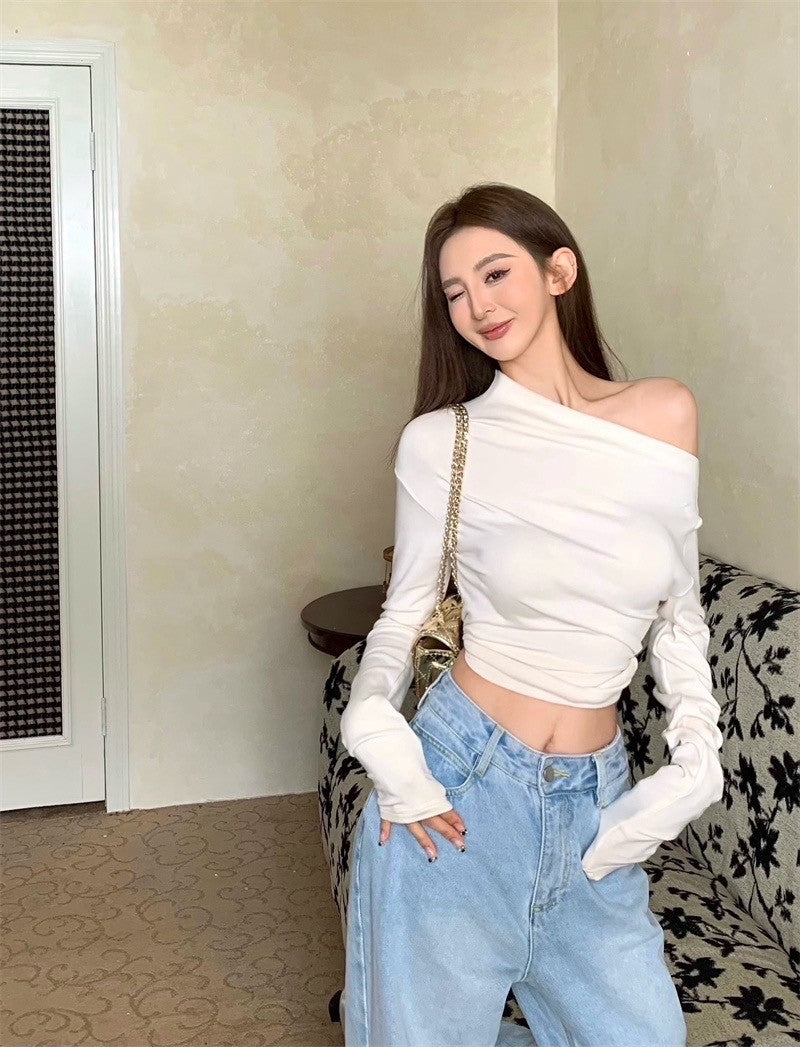 Mar. 休閒高智系 斜肩彈力修身短款長袖上衣 藍紫/杏色