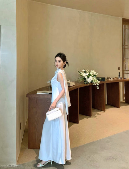 Jun. 羅馬Intellectual新法式緞感飄帶背心半身裙套裝 白杏