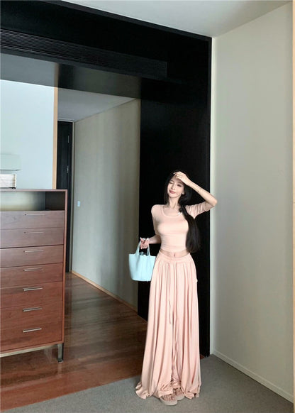 Jun. 溫柔小姊姊U領顯瘦鬆緊垂墜休閒褲套裝 肉粉色