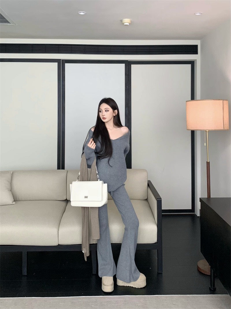 25Nov. 慵懶配套V小翻領針織休閒褲套裝 灰