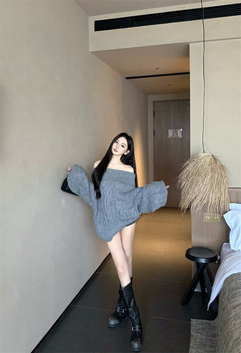 25Dec. Romantic慵懶純慾vibe一字領麻花針織上衣 粉/灰