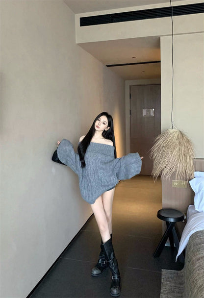 25Dec. Romantic慵懶純慾vibe一字領麻花針織上衣 粉/灰