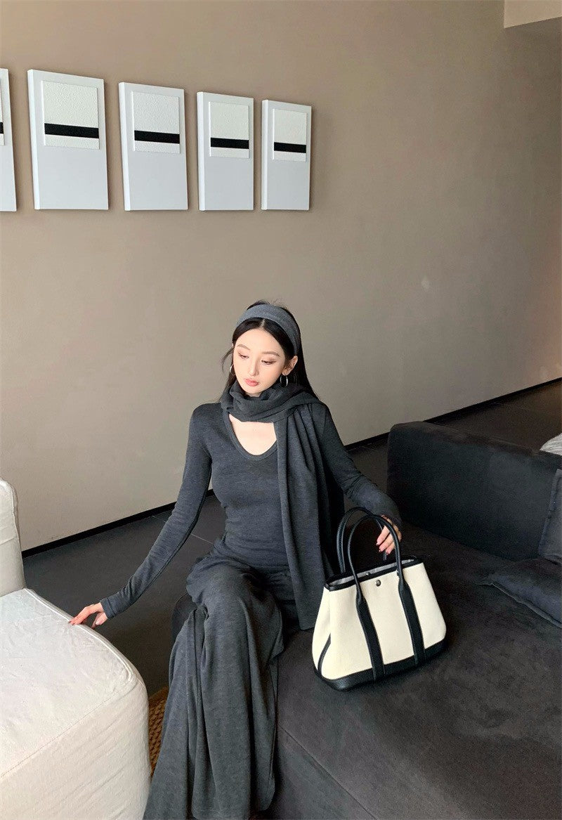 25Dec. 舒適至上多用式披肩U領長袖打底休閒褲三件套 灰